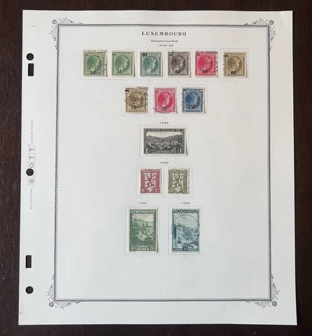 1928-1939 LUXEMBOURG MINT USED STAMPS COMPLETE ALBUM PAGE OVPT SOTN RAMPANT LION Cover