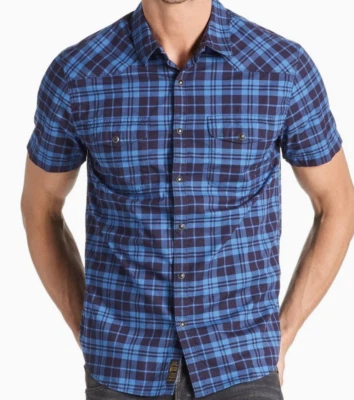LUCKY BRAND Saturday Stretch Blue Plaid Western Snap Men's SS Shirt NWT Sz Large - Image 1 of 4