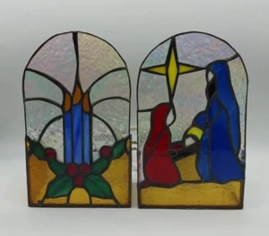 Vtg 90s Stained Glass Lights Mary Joseph Jesus Nativity Candles Holly Iridescent - Picture 1 of 24