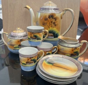 Vintage JAPAN Lusterware Handpainted Tea Set 11 Pc Teapot Sugar Creamer Cup Scrs - Picture 1 of 7