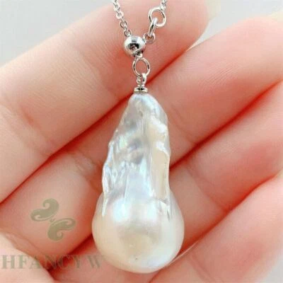 32X17mm White Baroque Pearl Pendant Necklace 18 inches Chic Chain Aurora Hang - Image 1 of 3