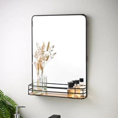 Mirror With Wooden Shelf Bathroom Moisturisers Decorative Ornaments - Black - Image 1 of 2