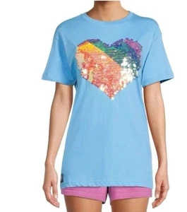 Queer Eye Blue Sequin Rainbow Heart Tee Shirt- Large Unisex - Picture 1 of 6