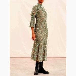 byTiMo Georgette Abito Midi Donna Verde Medio Delicato Smocked Boho Chic Etereo - Foto 1 di 24