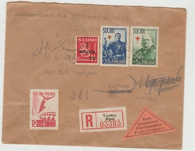 Finland 1939 Reg. Cover to Sweden with '46 Red Cross issues in postage - Image 1 of 2
