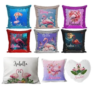 Personalised Cushion Flamingo Sequin Cushion Pillow Printed Birthday Gift 229 - Picture 1 of 12