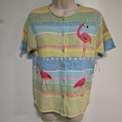 Susan Bristol Size S Short Sleeve Sweater Cardigan Beaded Flamingos 2001 NEW - Image 1 of 4