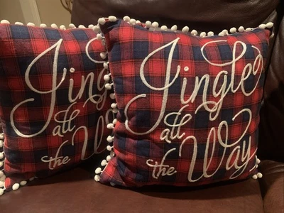 Set Of 2 jingle all the way Christmas Tartan Plaid Throw Pillow Embroidered 16” - Image 1 of 4
