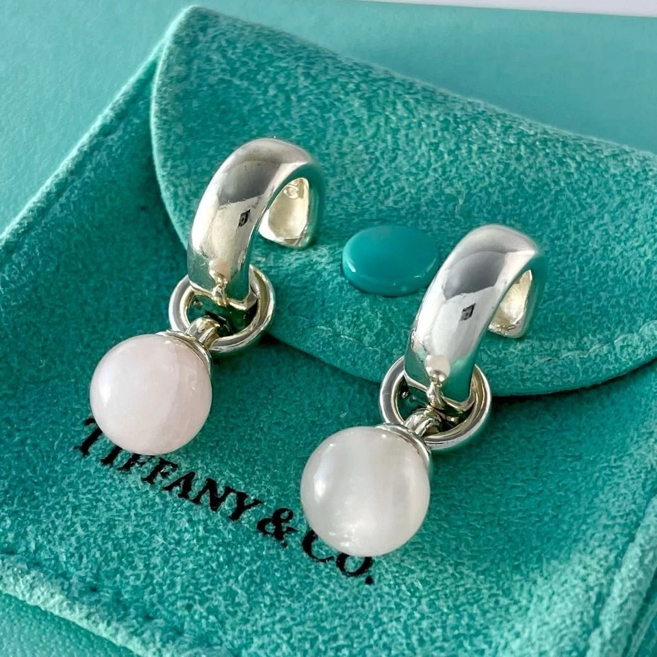 Authentic Tiffany & Co. Rose Quartz Door Knocker Ball Earrings Silver 925 VB6fe - Image 1 of 4