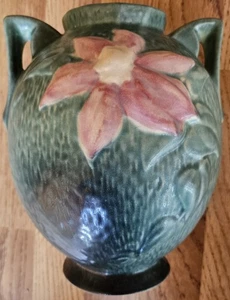 Roseville USA vaso ceramica artistica 107-8 clematide verde/rosa 2 manici - Foto 1 di 6