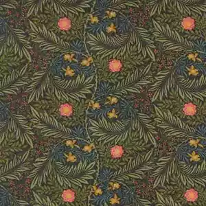Red, Gold Flowers, Green, Blue Ferns, Fabric, Morris Manor Ebony, Moda, 8395-17 - Picture 1 of 2