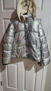 Calvin klein Women Shinny Silver Bubble Coat Sz L - Picture 1 of 7