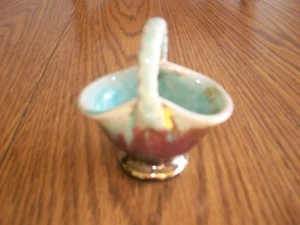 VINTAGE MINI GERMANY 916 TRINKET BASKET TURQUOIS AND MAUVE  3" + HIGH AND WIDE - Picture 1 of 6
