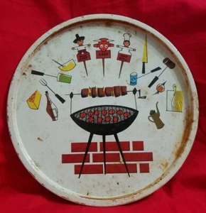 Mid-Century Modern Tin Litho Round BBQ Grill Decorative Lg Round Tray 10 3/4" - Picture 1 of 6