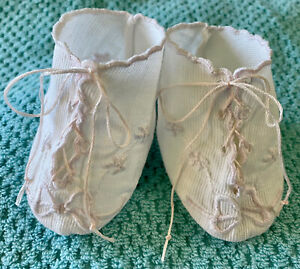 Vintage 50’s Infant Booties Ivory/Pink Embroidery Lace-Up Very Good Condition!