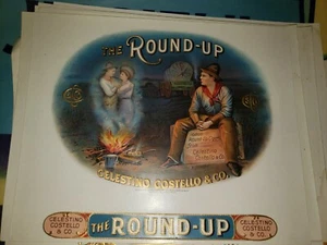 THE ROUND UP etichetta per sigari interna vintage, western, cowboy, falò, carro, - Foto 1 di 4