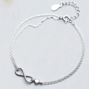 Solid 950 Platinum, Infinity With Heart Double Chain Women's Bracelet - Picture 1 of 3