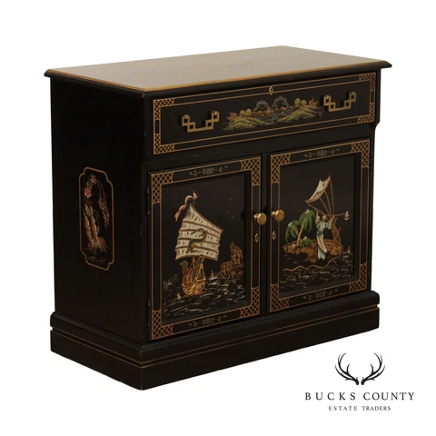 Jasper Chinoiserie Black Lacquer Liquor Bar Serving Cabinet Cover