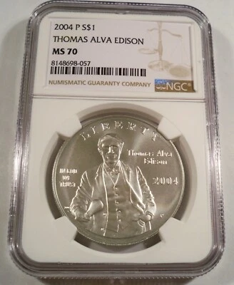 2004-P NGC MS70 SILVER DOLLAR THOMAS EDISON COMMEMORATIVE MS 70 S$1 - Image 1 of 4