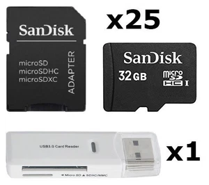 25 Pack of SanDisk 32GB Micro SD SDHC Memory Card 32G SDSDQAB-032G w/ Adapter - Picture 1 of 1