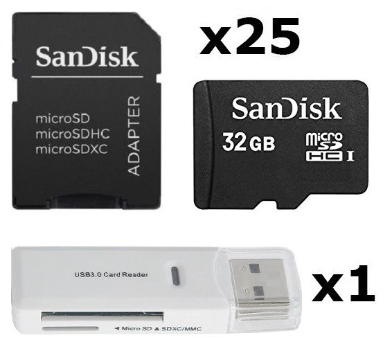 25 Pack of SanDisk 32GB Micro SD SDHC Memory Card 32G SDSDQAB-032G w/ Adapter - Image 1 of 1