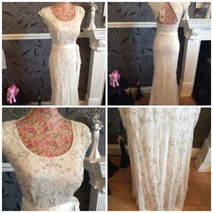 Monsoon Corina Ivory beaded brides Length 68" Back Front 58 Dress S8 Rrp £449 Re - Picture 1 of 11