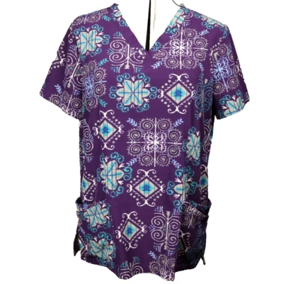 UA Uniform Advantage Geometric Print Flex2 Scrub Top 4 Pocket V-Neck Stretch M - Image 1 of 4