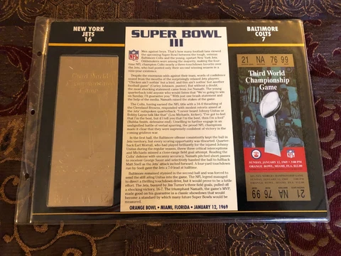 SUPER BOWL III  *** WILLABEE & WARD 22KT GOLD FOIL TICKET REPLICA PANE ***** Cover