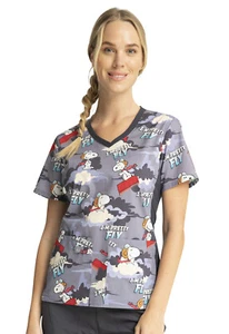 Snoopy Cherokee Scrubs Peanuts Tooniforms V Neck Knit Panel Top TF636 PNBP - Picture 1 of 7