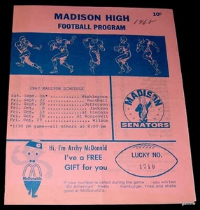 MADISON HIGH SCHOOL 1968 FOOTBALL PROGRAM vs JACKSON PORTLAND OREGON ROSTER - Picture 1 of 2