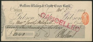 Safran Walden & North Essex Bank (Gibson, Tuke & Gibson), gebrauchter Scheck, 188[9] - Bild 1 von 1