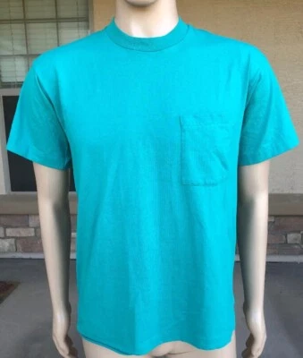 Vintage 80s 90s BVD 50/50 Pocket T Shirt Green Single Stitch USA Made Large - Image 1 of 4