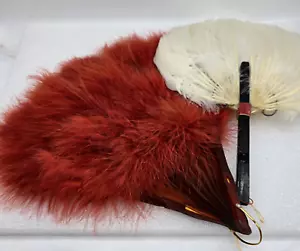 Vtg Dk Red Feather Geminesse Celluloid Handheld Fan And White Feather Full Quill - Picture 1 of 20