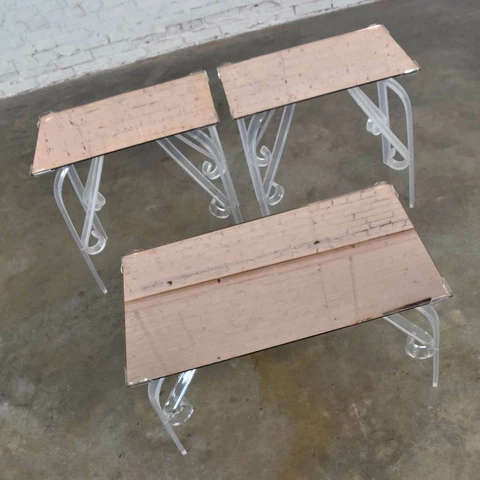 Hollywood Regency Art Deco Lucite & Rose Mirrored Tables a Set 1 Coffee & 2 End Cover