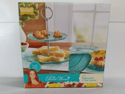 Pioneer Woman Cassie Teal Embossed 2-Tier Server - New - Image 1 of 4