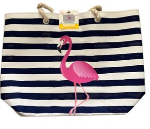 Canvas Beach Bag Large Pink Flamingo & Blue & White Stripes 21” x 15” x 6” New - Picture 1 of 2