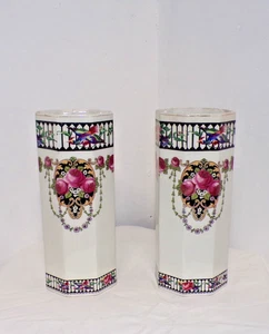 Pair Decorative Vases Art Nouveau Deco Crossover Red Roses - Antique 27 cm Tall - Picture 1 of 11