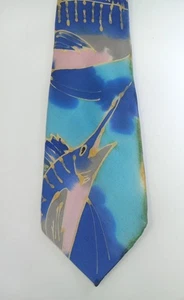 Corbata de seda artística pintada a mano firmada azul verde pez espada marina náutica única en su clase 3,5" - Imagen 1 de 8