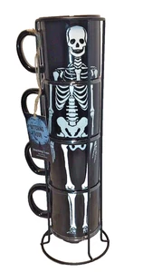 Halloween Decorations Skeleton Stacked Mugs 12oz Metal Rack Holiday Home Bar NEW - Picture 1 of 4