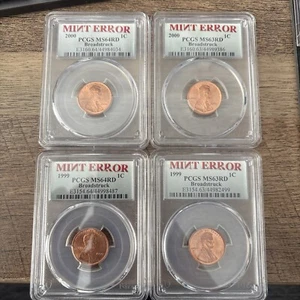 1999-2000 LINCOLN MEMORIAL 1C CENT MINT ERROR BROADSTRUCK PCGS 2xMS64 2xMS63 RED - Picture 1 of 2