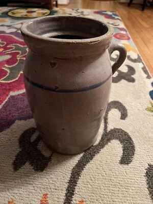Awesome Huge Antique Blue Decorated Gray Salt Glaze Stoneware Gallon Jar - Image 1 of 4
