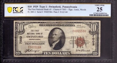 1929 $10 FIRST NATIONAL BANK NOTE CURRENCY SWINEFORD PENNSYLVANIA PCGS VF 25 - Image 1 of 4
