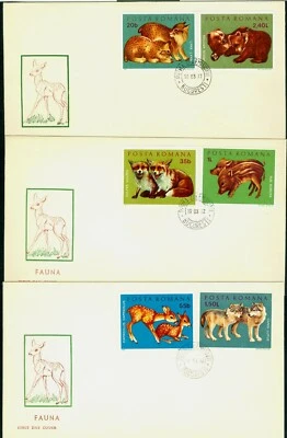 Lobo 1972, zorro rojo, lince, jabalí, oso, ciervo, animales salvajes bebés, Rumania, Mi.3005, FDC Foto 1 de 2