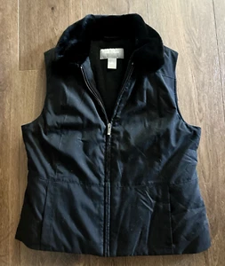 Ann Taylor Vest Faux Fur Collar Jacket Black Full Zip Fleece Lined Women Med M - Picture 1 of 8