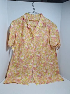 Handmade Vintage Blouse, Womans  Size L, Floral, Short Sleeve, Button Up, Polyes - Picture 1 of 5