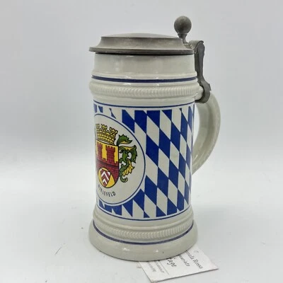 Boccale da birra in ceramica Germania Bielefeld vintage con coperchio in peltro - Immagine 1 di 4