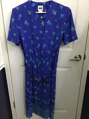 Vtg Leslie Fay Dress Women 16 Blue Green Floral Belted Pleated Secretary Career - Image 1 of 4