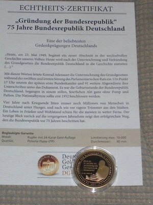 Medaille - Gründung der Bundesrepublik, 75 Jahre BRD, 24 Karat vergoldet, PP - Bild 1 von 3
