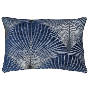 Art Deco Fan Boudoir Cushion. Luxury Velvet Chenille Navy Blue & Silver. 17x12" - Picture 1 of 3
