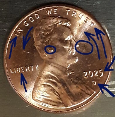 2025 D Lincoln 1C Unc Errors:Struck Through-Double Die-Repunched S close to Nose - Image 1 of 4